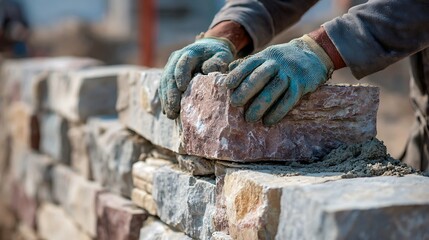 Laying Stone Worker Placing Brick on Wall with Gloves on Hands