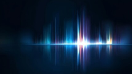 Abstract blue sound wave background with vertical lines and gradient colors on dark blurred surface. Futuristic vector design for music, audio, technology, and science themes with noise effect.