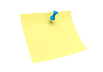 Blank yellow sticky note with blue pin on transparent background