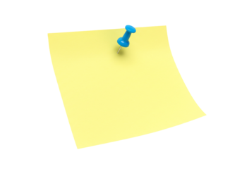 Blank yellow sticky note with blue pin on transparent background