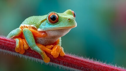 Charming macro shot of a vibrant green tree frog with bright orange feet, perched on a fuzzy red stem and looking inquisitively toward the camera lens.
