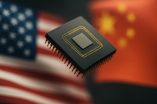 Semiconductor Chip and National Flags: This conceptual image juxtaposes a cutting-edge semiconductor chip with the national flags of United States and China.