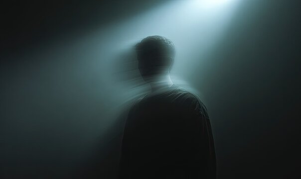 A man is standing in the dark with a blurry shadow of him