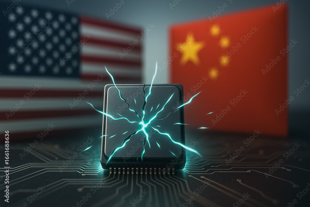 Poster digital divide: symbolically depicted, a damaged computer chip sparks between the flags of the unite