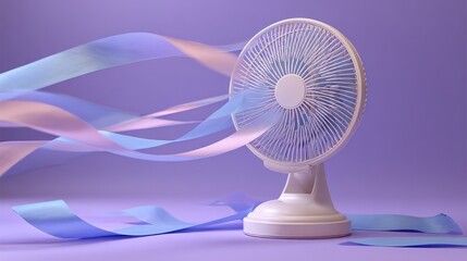 Pastel-toned desk fan with flowing ribbons