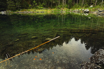 Clear mountain lake with visible rocky bottom and tree reflections in Bavaria, Germany. Tranquil...