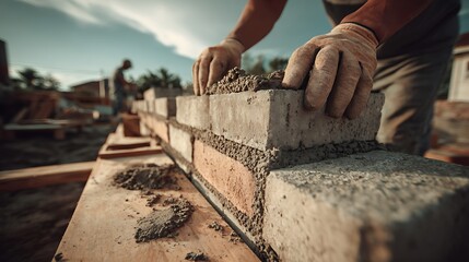 Laying Brick Wall Construction with Cement by Worker on Job Site