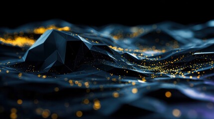 Abstract 3D landscape of dark polygonal shapes with scattered golden particles