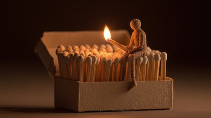 Miniature figure sits atop a box of matches, holding a lit match