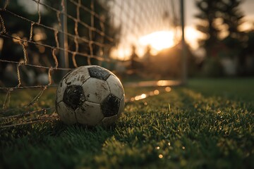 Sports ball positioned in goal netting adjacent to vivid lawn bordered by indistinct goal structure at twilight radiance  
