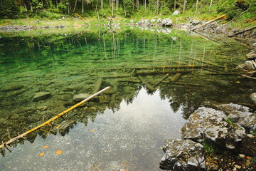 Clear mountain lake with visible rocky bottom and tree reflections in Bavaria, Germany. Tranquil...