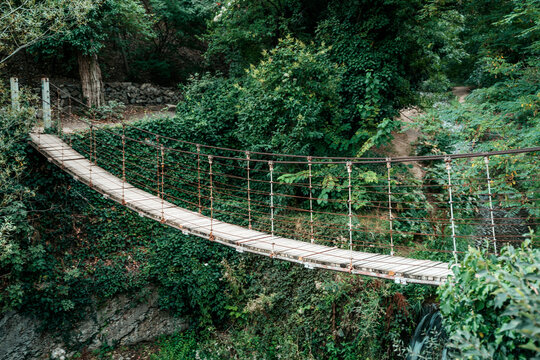Fototapeta Old Suspension Bridge in the Forest. Adventure and Nature Concept