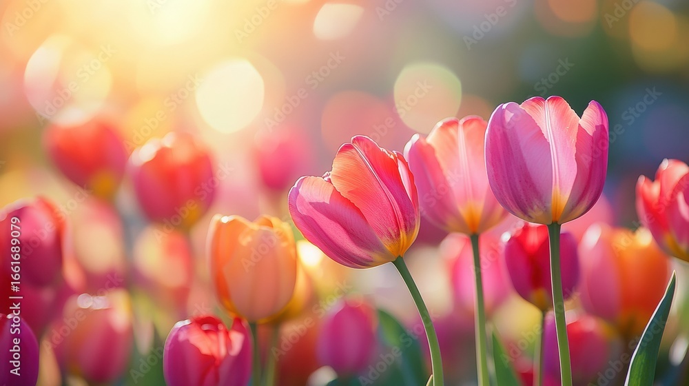 Poster a vibrant field of tulips in assorted colors, illuminated by soft sunlight, creating a dreamy and ch