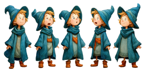 Charming Animated Character in Blue Cloak and Hat: A Whimsical Showcasing Different Expressions and Poses, Perfect for Fantasy Themes and Children’s Stories,  png, isolated on white background