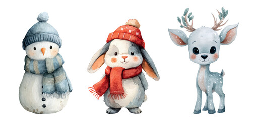Watercolor set of cute Christmas characters. Reindeer, snowman, Christmas bunny in a wardrobe and a hat. Cartoon Christmas characters. Vector illustration.