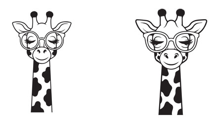 Minimalist black and white giraffe face icons with oversized glasses – quirky animal silhouettes for modern stock design.