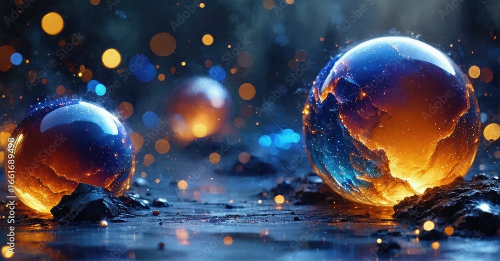 Poster glowing spheres rest upon dark surface. warm colors contrast cool blues, creating magical atmosphere