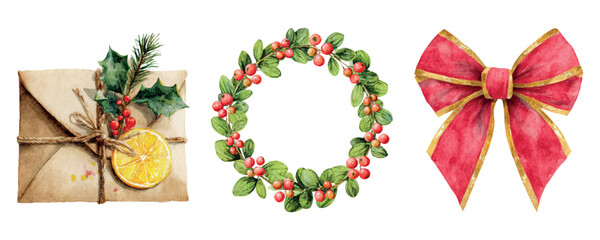 Watercolor set of Christmas elements. Christmas wreath, envelope with a letter, red bow with a gold border. Decor for Christmas designs. Vintage Christmas elements.