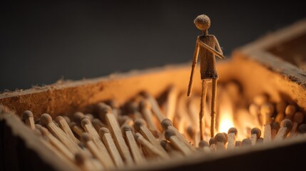 A small figure stands amidst many matches in a box