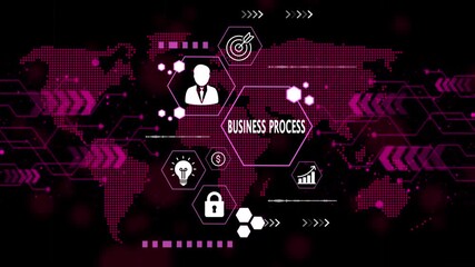 Global Business Process Optimization Digital Network Technology Concept with Icons for Strategy Finance Security and Innovation on a Dotted World Map Background