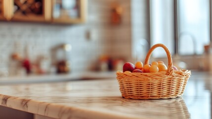 A small wicker basket filled with colorful fruit sits on a marble countertop in a kitchen