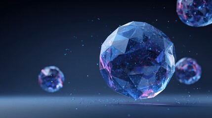 Abstract 3D spheres in motion, vibrant blue and purple