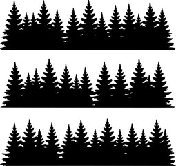 Obraz premium Three horizontal black silhouette strips of dense pine tree forests