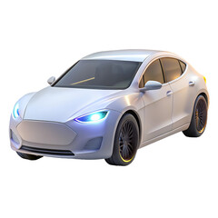 Fototapeta premium Sleek white electric sedan with illuminated led headlights