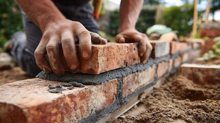 Laying Brick Wall with Man Working on Construction Site Project