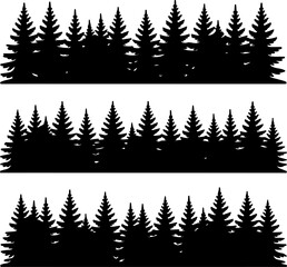 Obraz premium Three horizontal black silhouette strips of dense pine tree forests