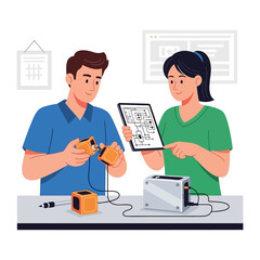 Team of Technicians At Work: A pair of skilled technicians engaged in collaborative work, examining intricate schematics and assembling electronic components with focused attention.