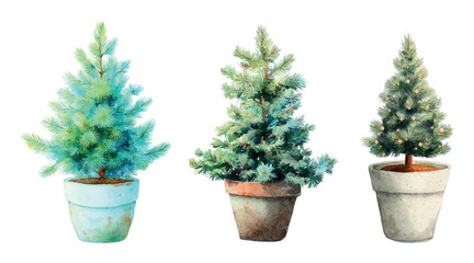 Set of Christmas trees in pots. Green Christmas trees planted in pots and pots. Concept of ecological use of Christmas tree. Small Christmas trees in pots. Vector illustration.