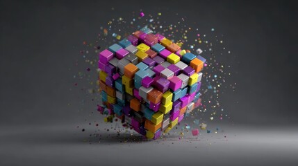 Colorful cube exploding into smaller cubes on a gray background