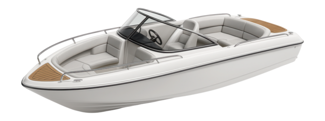 Open bow motorboat with a white hull and stainless steel railing