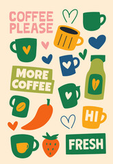 Vintage Coffee and Tea Stickers. Coffee makers, green tea, brewing, arabica coffee, glass, espresso, cappuccino, beans. Graphic doodle minimalist retro shapes. Coffee shop patches.