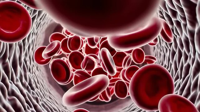 Red blood cell particles move through the bloodstream in a vein, captured by a microcapsule camera inside the bloodstream. blood flow, the structure of the human circulatory system