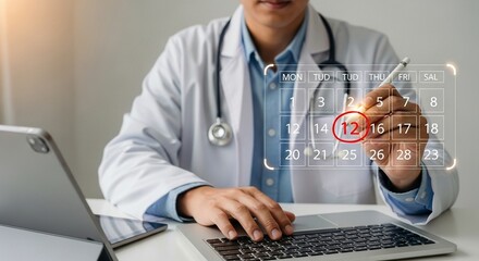 Doctor scheduling an appointment on a digital calendar marking a specific date for medical care
