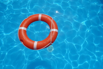 Orange lifebuoy floating on clear blue water in swimming pool for safety
