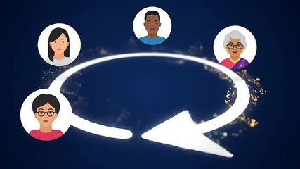 Stylized illustration of a process loop with diverse avatars against a dark blue background with out-of-focus city lights - Powered by Adobe