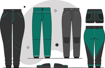 Vector art of collection of various pants and shorts in different colors and styles.