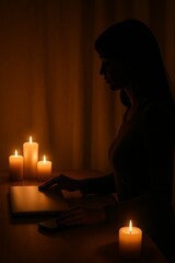 Silhouette of a woman working on a laptop by candlelight.