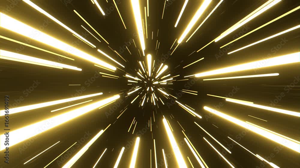 Poster dynamic abstract light speed tunnel background with glowing golden yellow rays converging into a fut