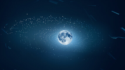 Naklejka premium Digital artwork. Glowing moon floating in cosmic orbit surrounded by stars. Concept of surreal cosmic play, creativity, imagination, futuristic dream, and visual fantasy.
