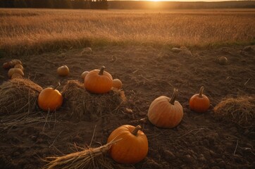 Kürbisse auf dem Feld bei Sonnenuntergang – herbstliche Ernteszene in ländlicher Umgebung mit goldener Abendstimmung und Feld im Hintergrund
