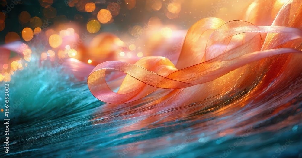 Aufkleber abstract fluid motion. orange ribbons swirl above turquoise waves. bright bokeh adds dynamic energy,