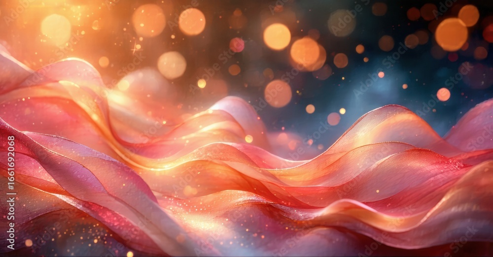 Aufkleber flowing ribbons, warm colors, bokeh lights create abstract waves. soft gradients, dynamic texture, b