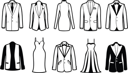 Vector art of monochromatic illustration of various formal wear items, including suits, tuxedos, and dresses.
