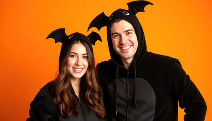 Obraz premium A couple wearing a vampire bat onesies, vivid pumpkin orange background with copy space. Halloween carnival costume concept.