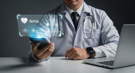 Doctor Utilizing Advanced Healthcare Technology for Patient Data Monitoring and Diagnosis