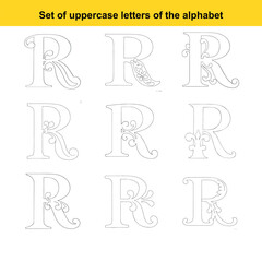 Collection of Nine Ornate Uppercase Letter R Designs with Flourishes and Swirls alphabet capital